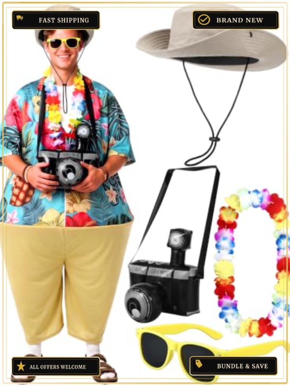 Adult Tacky Tourist Costume Set 6 Pcs Hawaiian Halloween Traveler Outfit